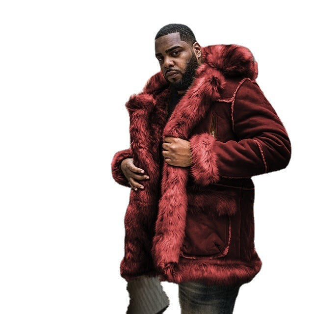 Herren Extravaganter Lammfellmantel mit voluminösem Kunstfellbesatz Aliams