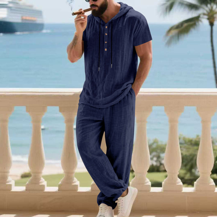 Herren komfortables Freizeit-Set mit modischem Henley-Oberteil und lockeren Hosen Aliams