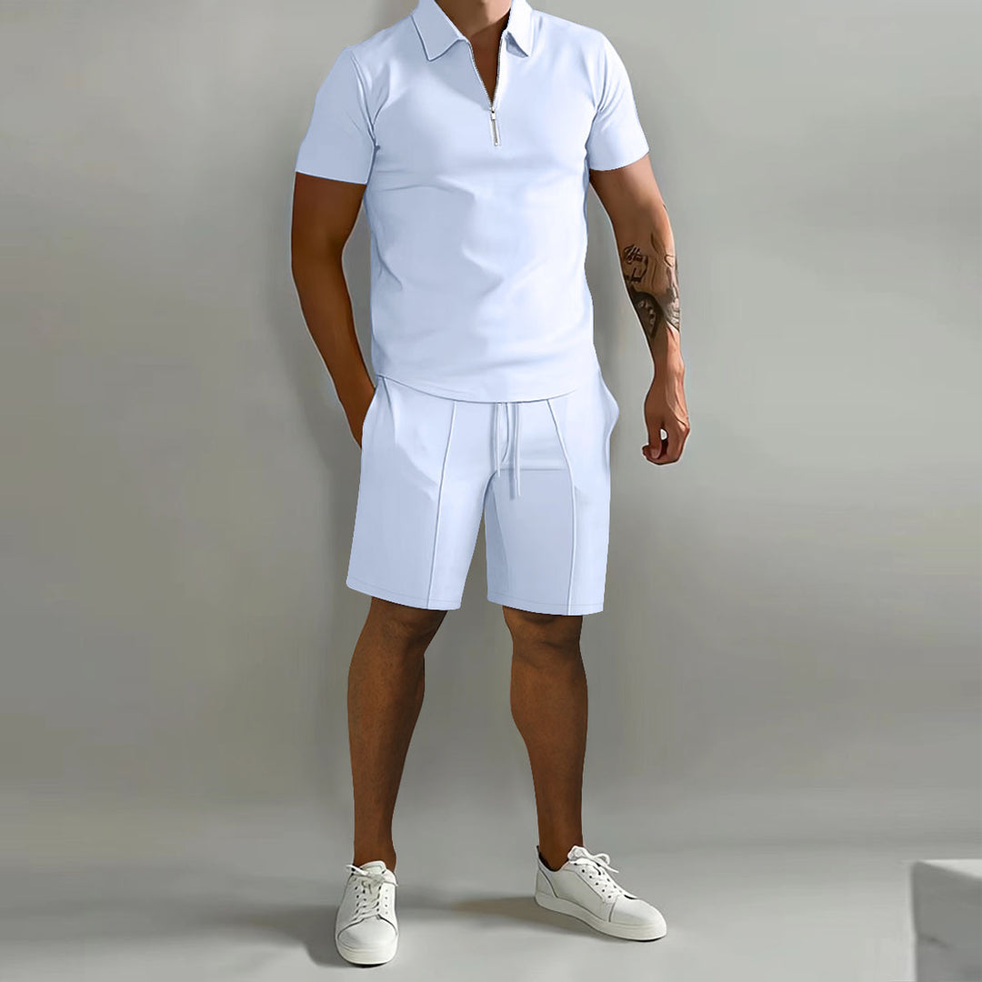 Herren sportliches Kurzarm-Poloshirt mit Reißverschluss und passenden Shorts Aliams
