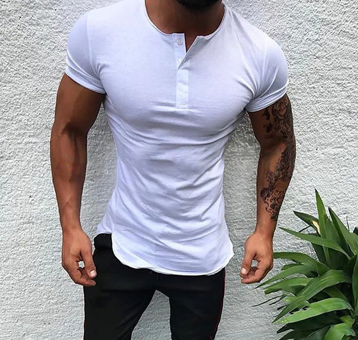 Herren Kurzarm Henley-Shirt mit figurnahem Schnitt und anpassbarem Kragen Aliams