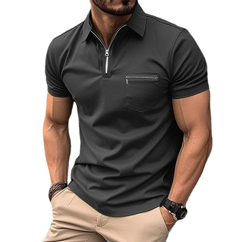 Herren sportliches Kurzarm-T-Shirt mit Reißverschluss und Brusttasche Aliams