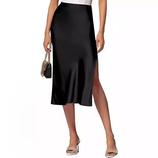 Damen Satin-Midirock mit hohem Schlitz Aliams