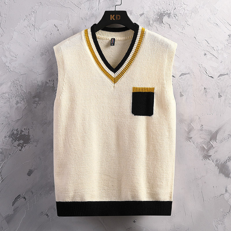 Herren ärmellose Strickjacke mit V-Ausschnitt und Farbblockdesign Aliams