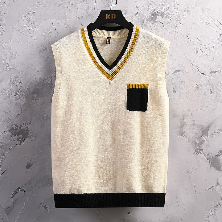 Herren ärmellose Strickjacke mit V-Ausschnitt und Farbblockdesign Aliams