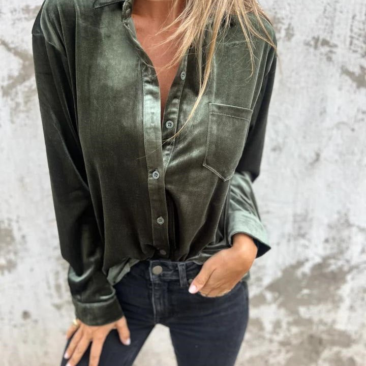 Damen Elegante Satinbluse mit klassischem Kragen und Brusttasche Aliams