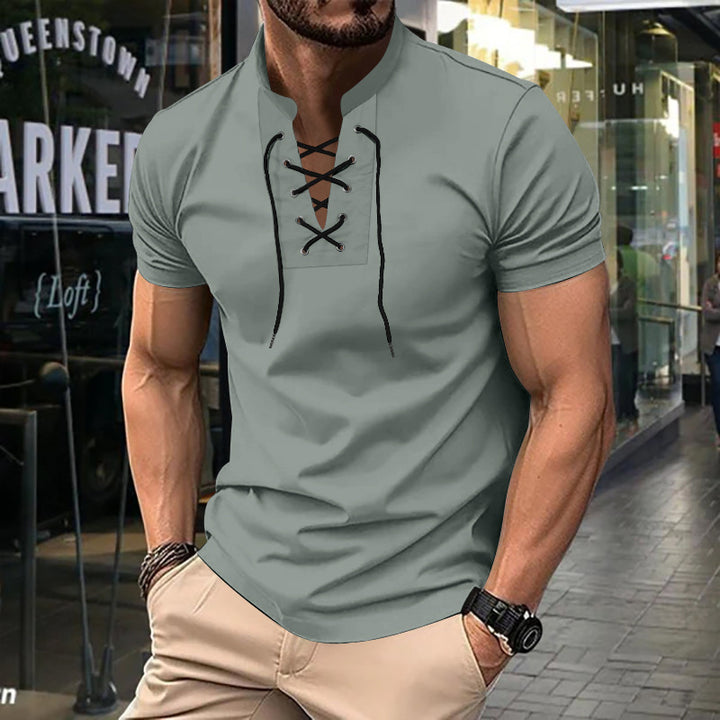 Herren Kurzarm-Henley-Shirt mit modernem Schnürdesign Aliams