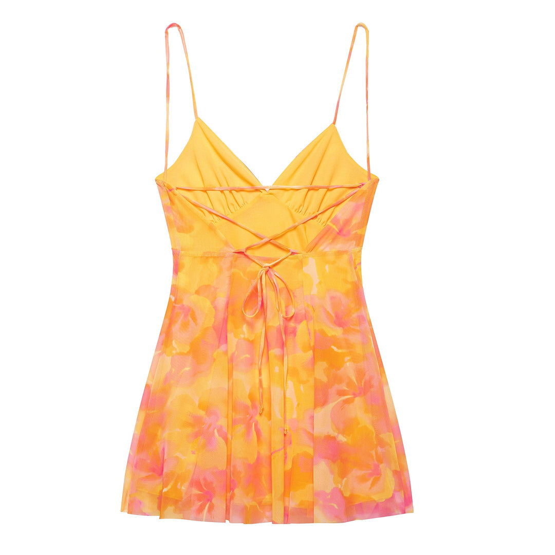 Damen Minikleid mit floralem Muster und feinen Spaghettiträgern Aliams
