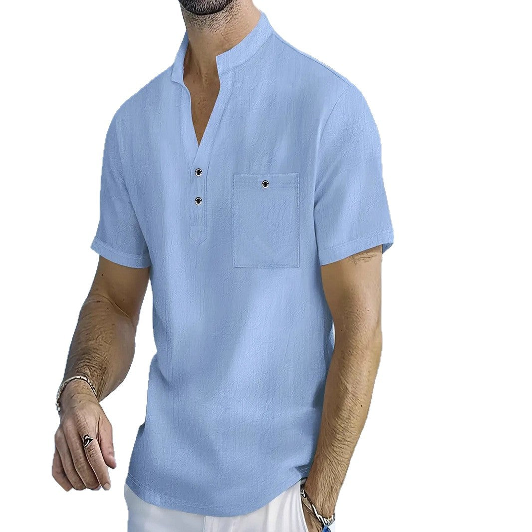 Herren Kurzarm-Hemd mit modischem Stehkragen und Knopfdetails Aliams