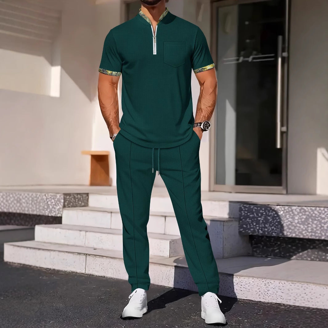 Herren Sportliches Kurzarm-Oberteil mit Reißverschluss und bequemen Jogginghosen Aliams