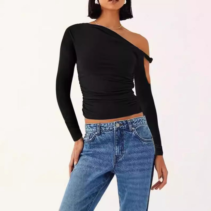 Damen Elegante asymmetrische Bluse mit langen Ärmeln und Raffung Aliams