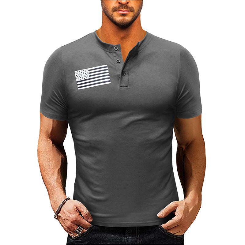 Herren Kurzarm-Henley-Shirt mit modischem Flaggenaufdruck Aliams
