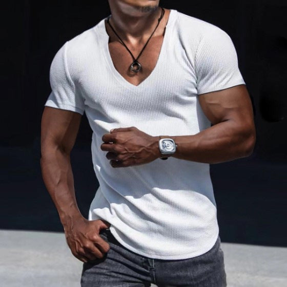 Herren V-Ausschnitt T-Shirt mit Rippstrickstruktur Aliams