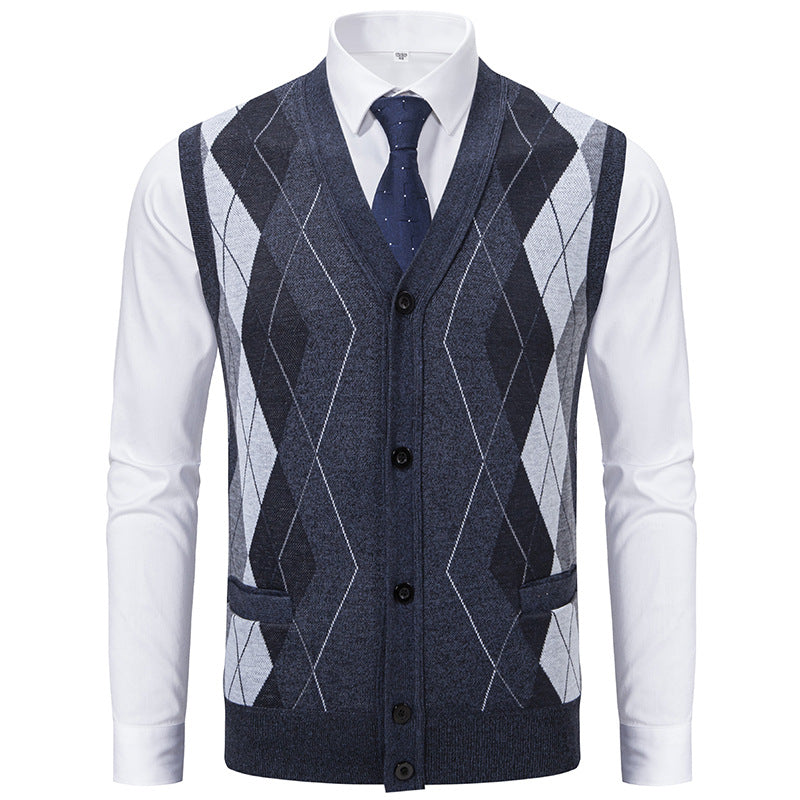 Herren elegante Strickweste mit klassischem Rautenmuster und praktischen Taschen Aliams