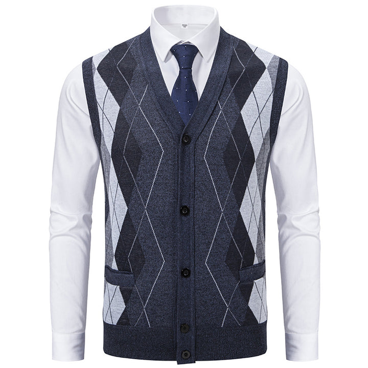 Herren elegante Strickweste mit klassischem Rautenmuster und praktischen Taschen Aliams
