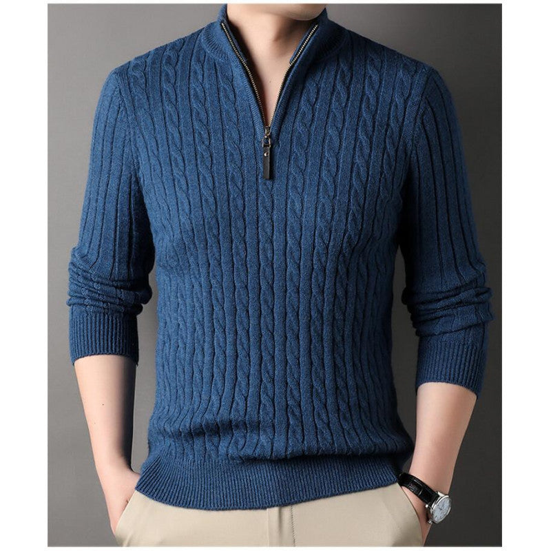 Herren eleganter Strickpullover mit halbem Reißverschluss und Kabelmuster Aliams