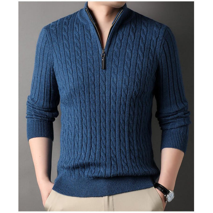 Herren eleganter Strickpullover mit halbem Reißverschluss und Kabelmuster Aliams