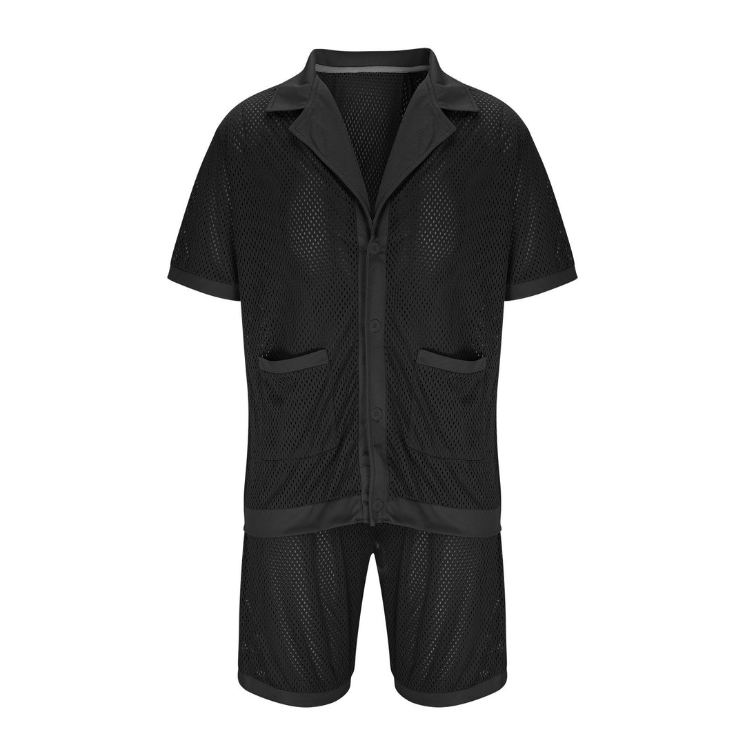 Damen Luftiges Netz-Pyjama-Set mit praktischen Taschen und Knopfleiste Aliams