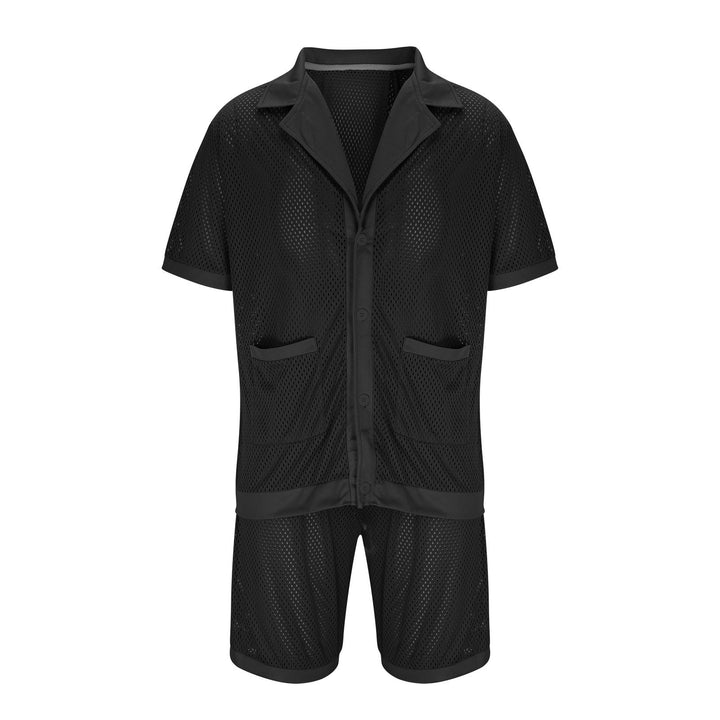 Damen Luftiges Netz-Pyjama-Set mit praktischen Taschen und Knopfleiste Aliams