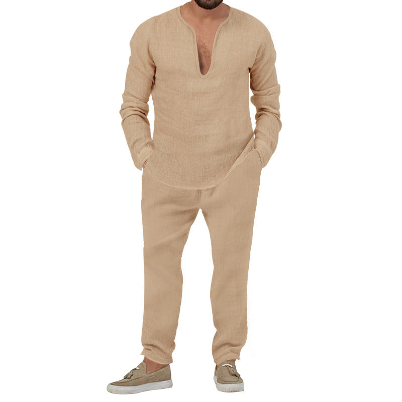 Herren Elegantes Leinen-Loungewear-Set mit Stehkragen Aliams