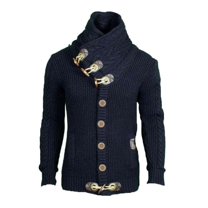 Herren gestrickter Cardigan mit hohem Kragen und modernen Holzknebel Aliams