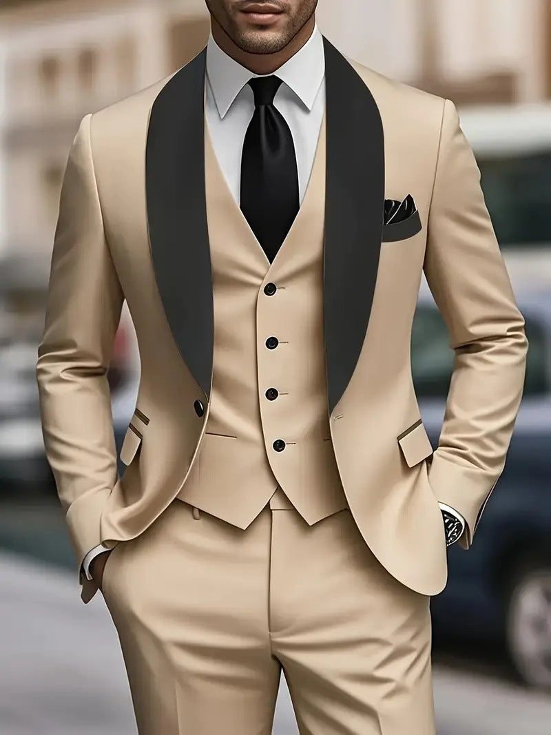 Herren elegantes dreiteiliges Anzugset mit satinierter Weste Aliams