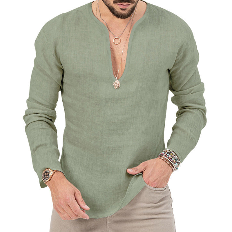 Herren stilvolles Langarm-Henley-Hemd aus atmungsaktivem Leinen Aliams