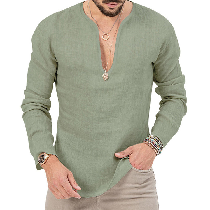 Herren stilvolles Langarm-Henley-Hemd aus atmungsaktivem Leinen Aliams