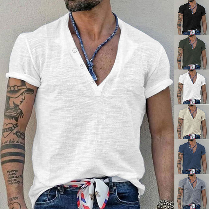 Herren Kurzarm Henley-Shirt mit dekorativen Knöpfen und atmungsaktiver Struktur Aliams