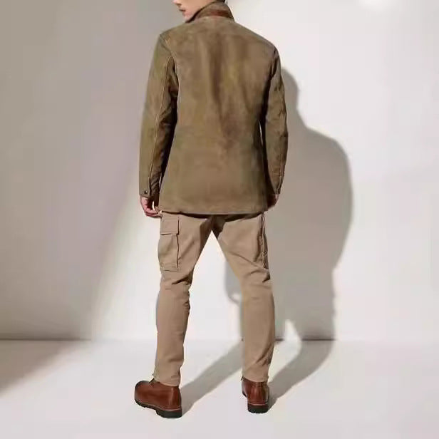 Herren stilvolle Wildlederjacke mit Kontrastkragen und praktischen Taschen Aliams