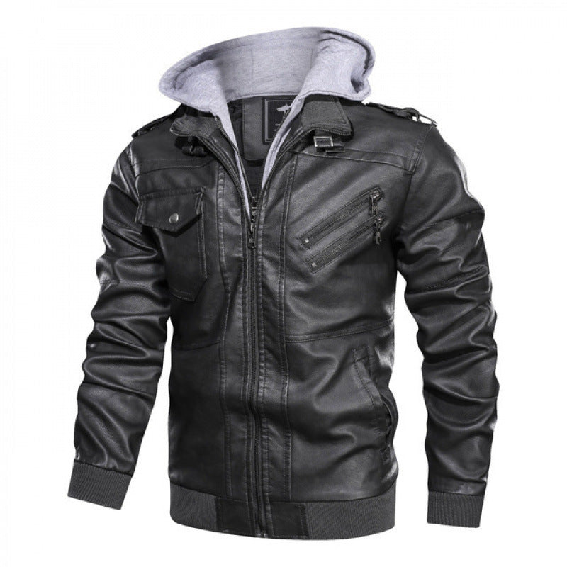 Herren Lederjacke im modernen Biker-Stil mit abnehmbarer Kapuze Aliams