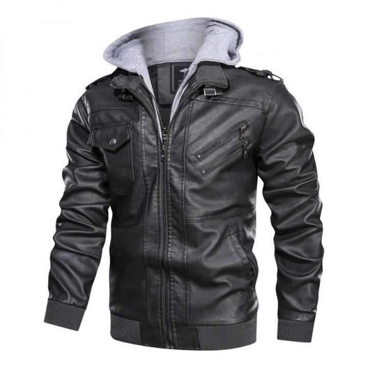 Herren Lederjacke im modernen Biker-Stil mit abnehmbarer Kapuze Aliams