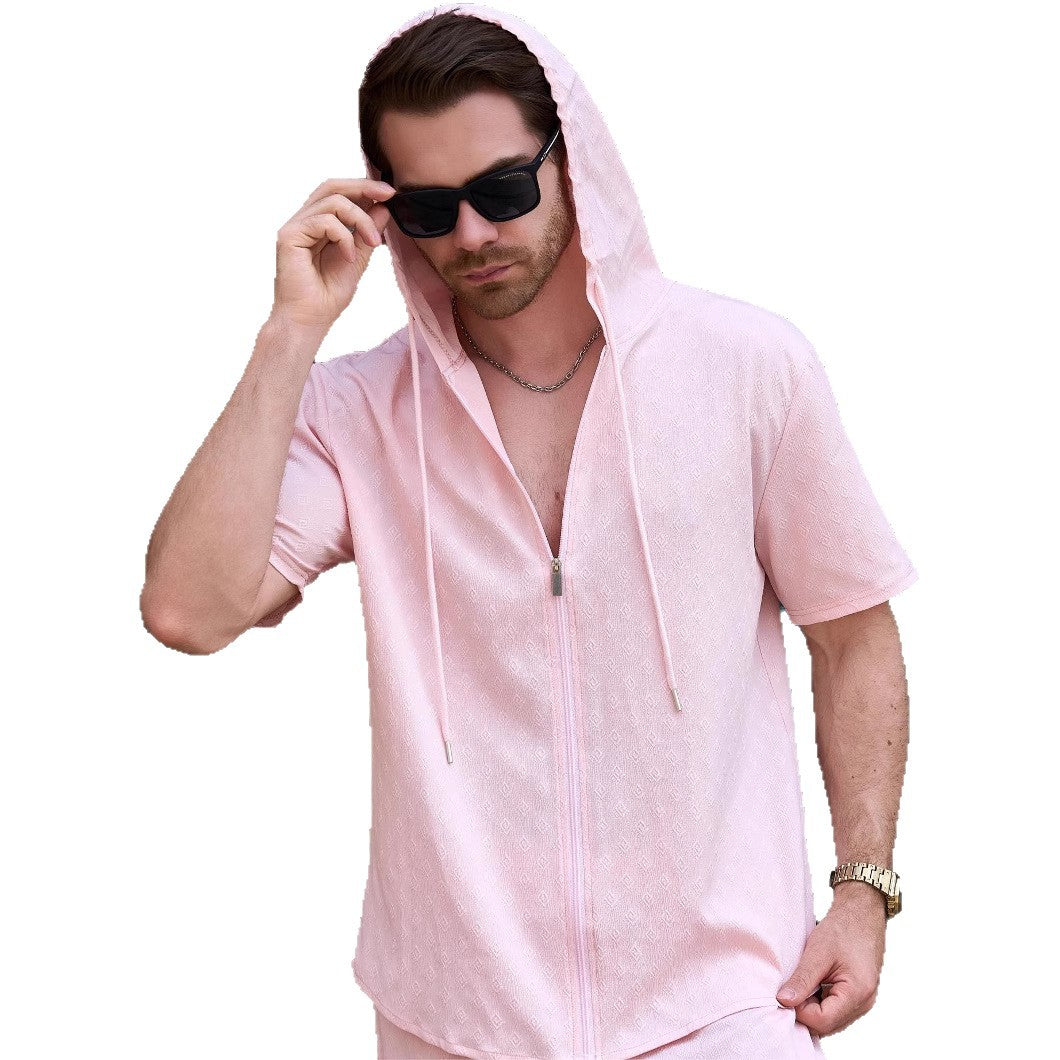 Herren Sportliches Kurzarm-Hemd mit Kapuze und Reißverschluss Aliams