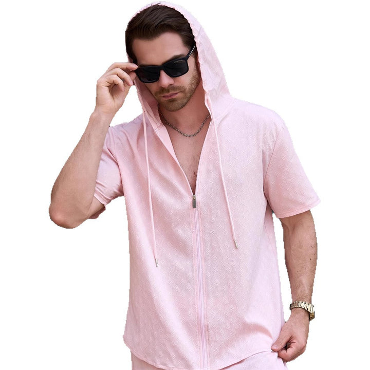 Herren Sportliches Kurzarm-Hemd mit Kapuze und Reißverschluss Aliams