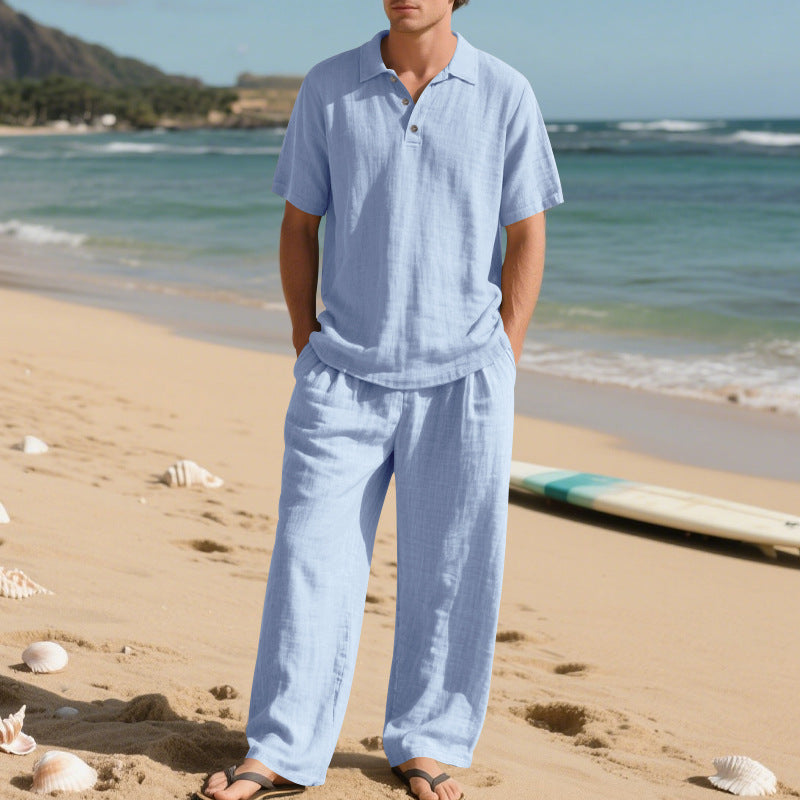 Herren elegantes Leinen-Set mit Kurzarmoberteil und weitem Hosenstil Aliams