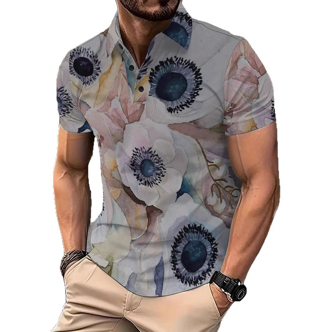 Herren Kurzarm Poloshirt mit floralem Aquarellmuster Aliams
