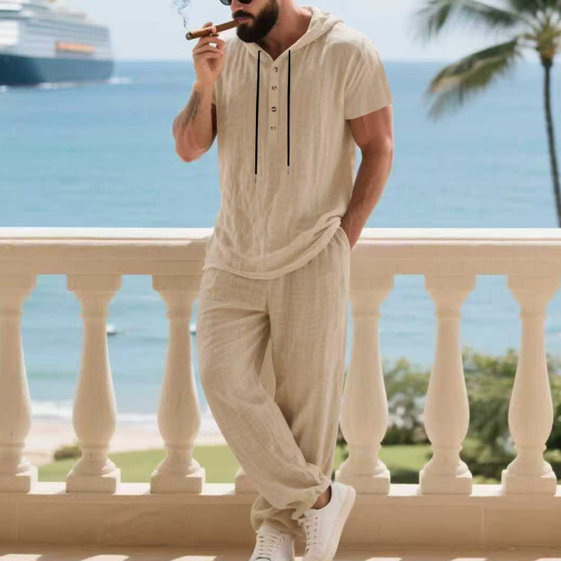 Herren entspanntes Kurzarm-Hosen-Set mit Kapuze und praktischen Knöpfen Aliams
