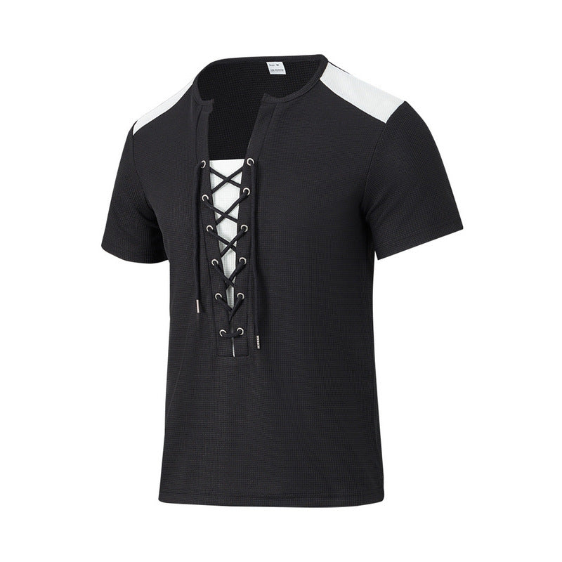 Herren Kurzarm-Henley-T-Shirt mit dekorativen Schnürdetails und atmungsaktiver Struktur Aliams
