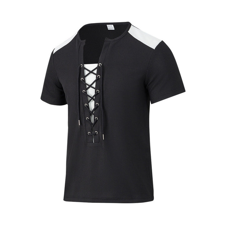 Herren Kurzarm-Henley-T-Shirt mit dekorativen Schnürdetails und atmungsaktiver Struktur Aliams