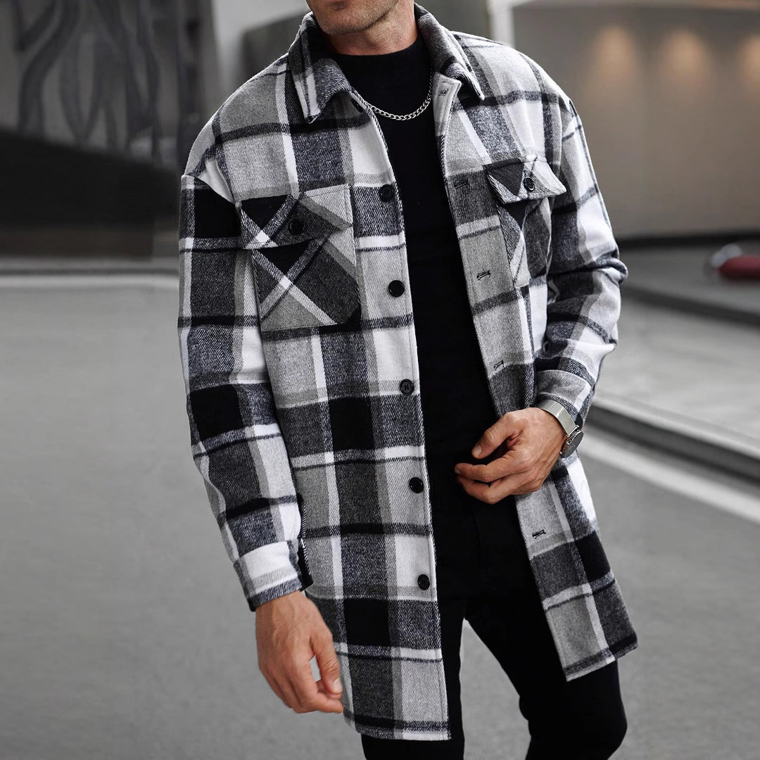 Herren karierte Flanelljacke mit knöpfbaren Taschen und modernem Schnitt Aliams