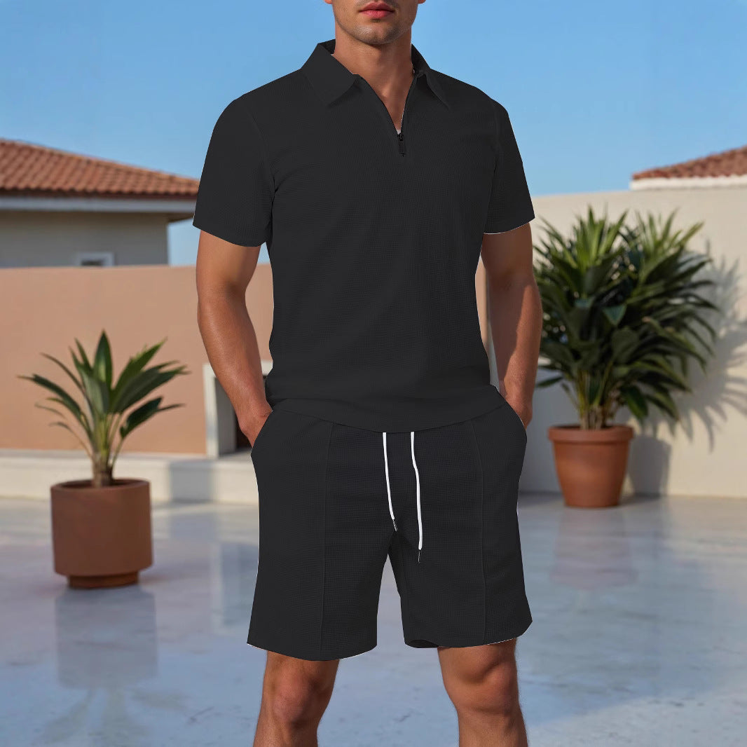 Herren Sportliches Kurzarm Polo mit Zip und Passenden Shorts Aliams