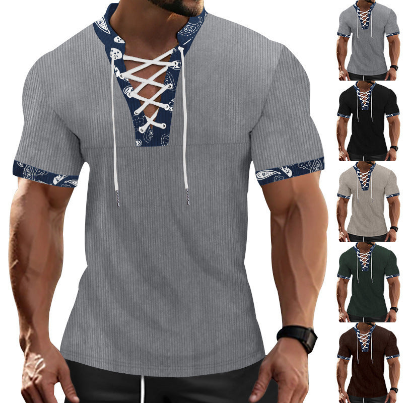 Herren Kurzarm Henley-Shirt mit modernem Schnürdesign und attraktiven Kontrastelementen Aliams