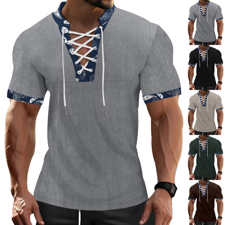 Herren Kurzarm Henley-Shirt mit modernem Schnürdesign und attraktiven Kontrastelementen Aliams