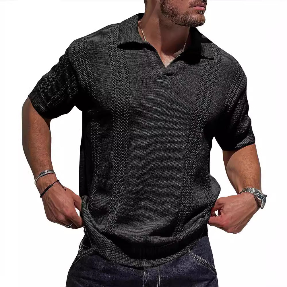 Herren Kurzarm Strickpullover mit strukturierter Oberfläche und Polokragen Aliams