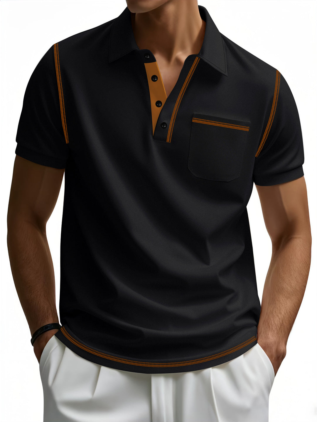 Herren sportliches Kurzarm-Polohemd mit Kontrastpaspelierung und Brusttasche Aliams