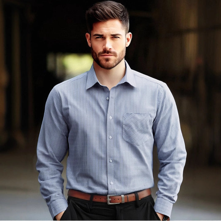 Herren kariertes Langarmhemd mit Brusttasche Aliams