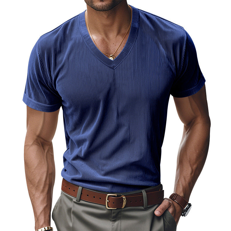 Herren V-Ausschnitt T-Shirt mit strukturiertem Rippenmuster Aliams