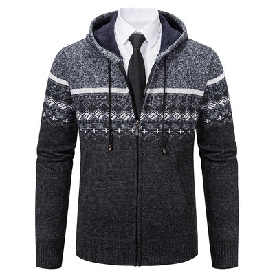 Herren stilvolle Strickjacke mit Kapuze und Norweger-Muster Aliams