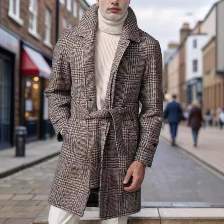 Herren eleganter Trenchcoat mit modernem Karomuster und Taillengürtel Aliams