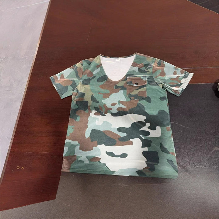 Herren V-Ausschnitt T-Shirt mit Brusttasche und modernem Camouflage-Muster Aliams