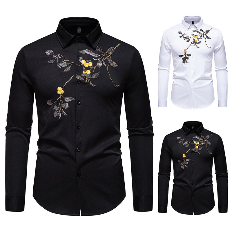 Herren elegantes Langarmhemd mit floraler Stickerei Aliams
